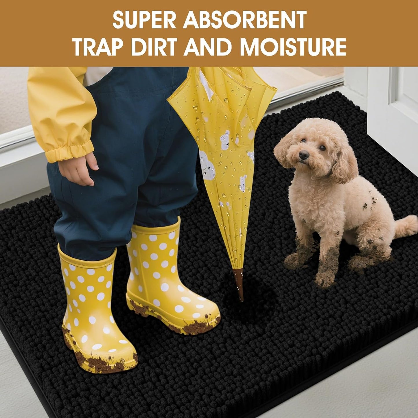 IM HOME Extra Large Dog Door Mats for Muddy Paws, Chenille Absorbent Dog Mats, Non Slip Heavy Mud Mat for Dogs, Soft Pet Mat for Entryway, Mud Paws, Inside Floor,71" x 25", Black