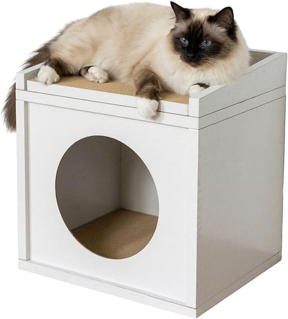 Meowdium Cat House – Cat Condo with Cardboard Scratcher, Scratching Post, Bed & Toy Storage, Cozy Cat Furniture & Accessories for Indoor Cats, White
