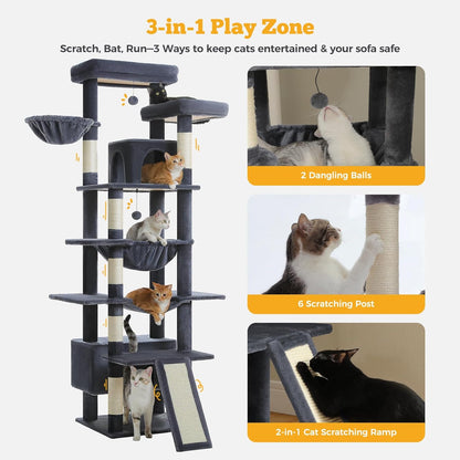 81" Heavy Duty Cat Tree for Large Cats up to 20lbs - Extra Tall Cat Tower with Metal Frame Hammock, 6 Sisal Scratching Posts, 2 Perches - Indoor Cat Furniture for Maine Coon, Dark Gray