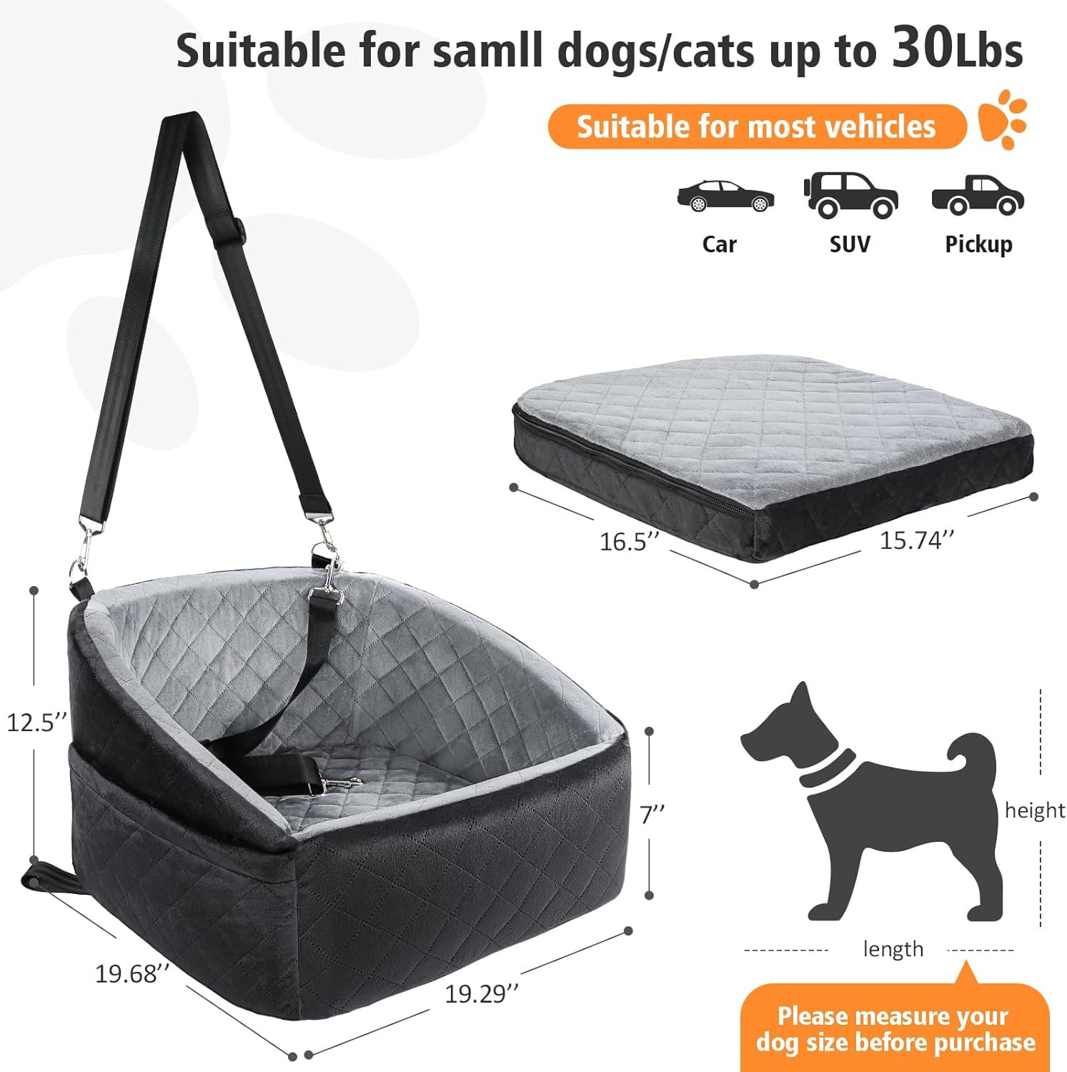 Dog Car Seat for Small Dogs,Detachable Washable Dog Booster Seat Under 30lbs, Pet Car Seat Travel Bed with Storage Pockets and Dog Safety Belt (Black/Grey) - Pawvie