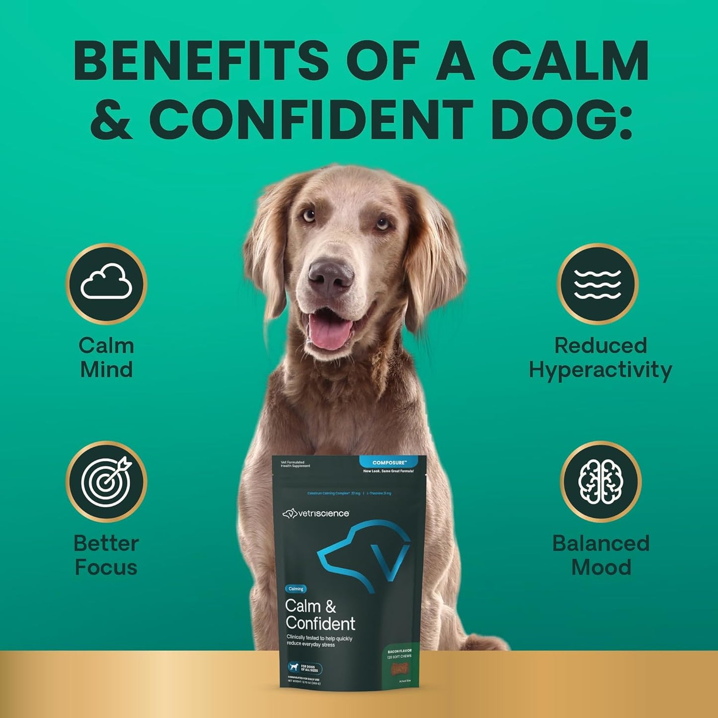 VetriScience Calm & Confident Calming Chews for Dogs, Supplement for Stress Support, Thunderstorms, Fireworks, & Travel, Bacon, Soft Chews, 120 Count - New Look