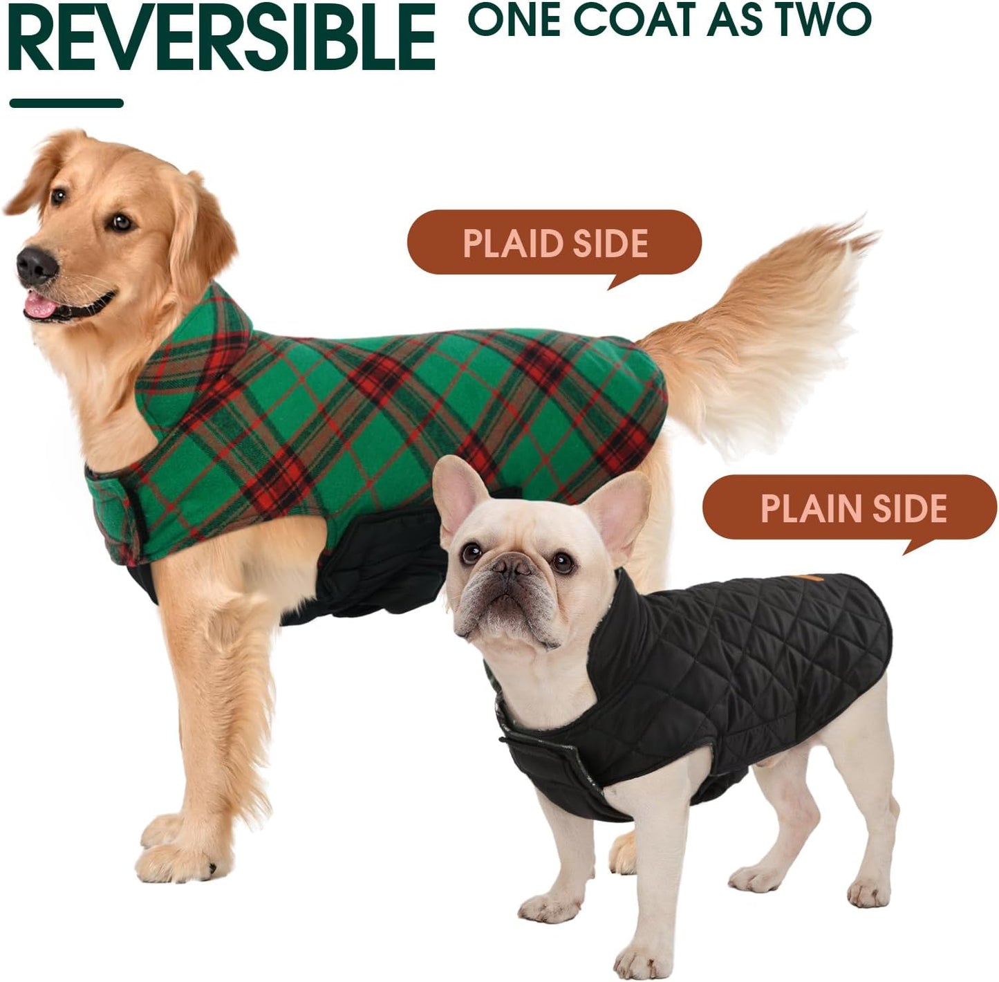 Kuoser Warm Dog Coat, Waterproof Dog Jacket for Extra Large Dogs, Adjustable Durable XXL Doggie Winter Coat Reversible Puppy Cold Weather Apparel from Small to Large Breed, Christmas Green XXL