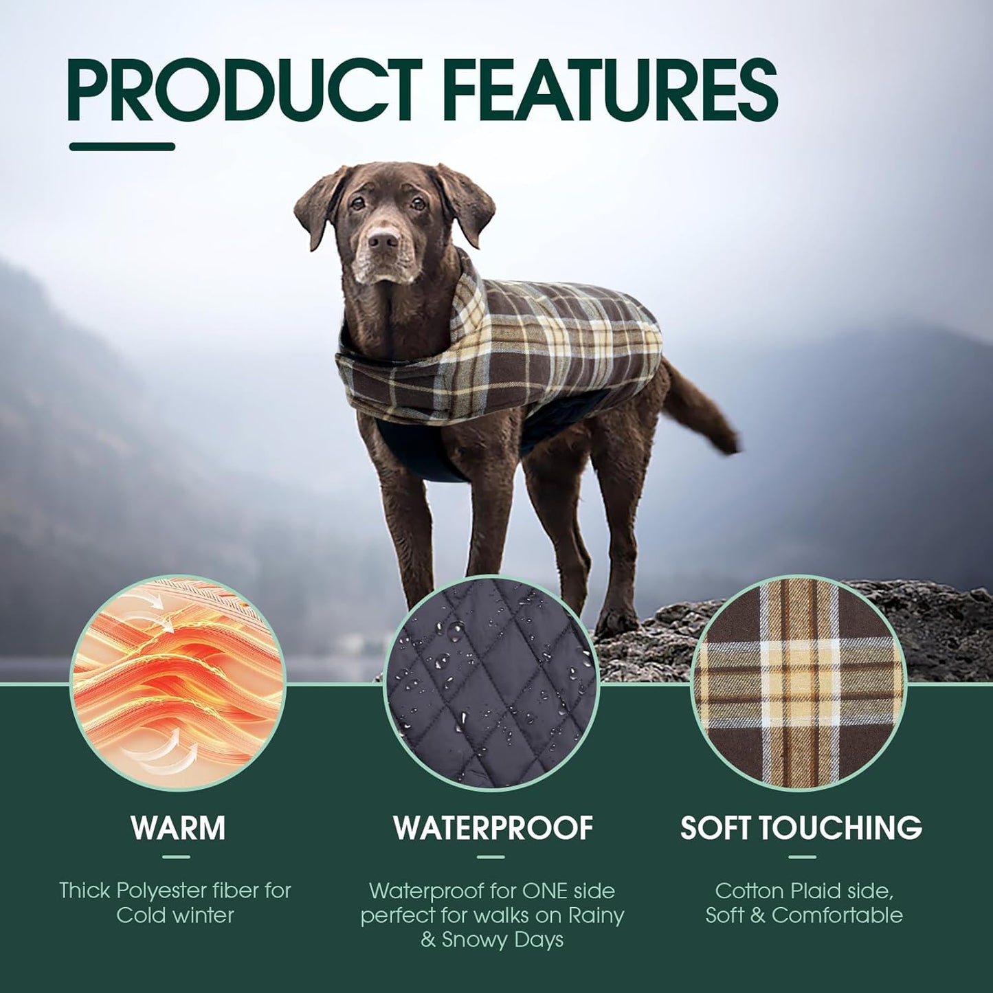 Kuoser Warm Dog Coat, Waterproof Dog Jacket for Extra Large Dogs, Adjustable Durable XL Doggie Winter Coat Reversible Cozy Puppy Cold Weather Apparel from Small to Large Breed, New Brown XL