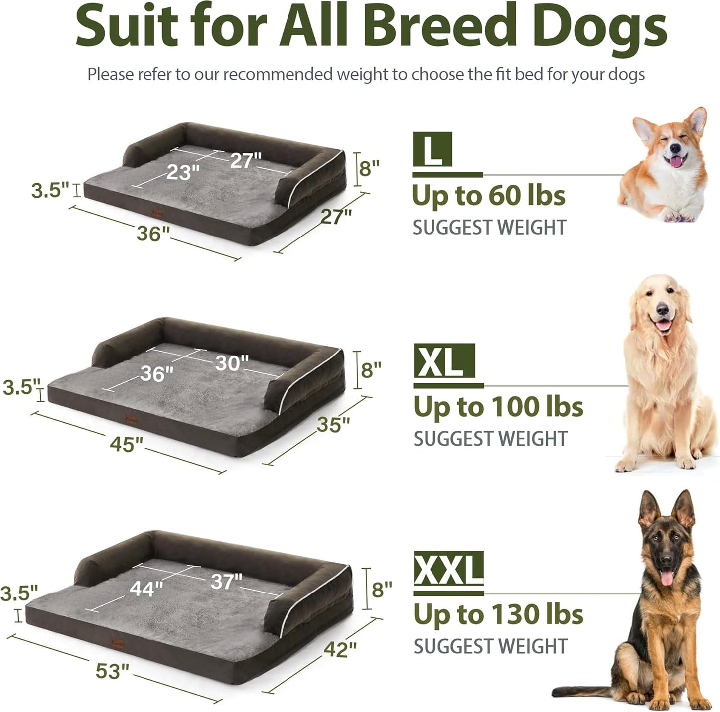 Orthopedic Dog Beds for Extra Large Dogs, Waterproof Dogs Beds XLarge, Memory Foam Dog Couch Beds with Comfy Bolster, Removable Washable Cover and Nonskid Bottom (X-Large, Dark Green)