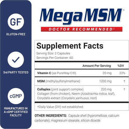 U.S. Doctors’ Clinical Mega MSM Supplement for Joints with MSM + Vitamin C + Collagen and Neem - Clinically Proven to Promote Cartilage Tendon & Ligament Health (1 Month Supply – 120 Capsules)