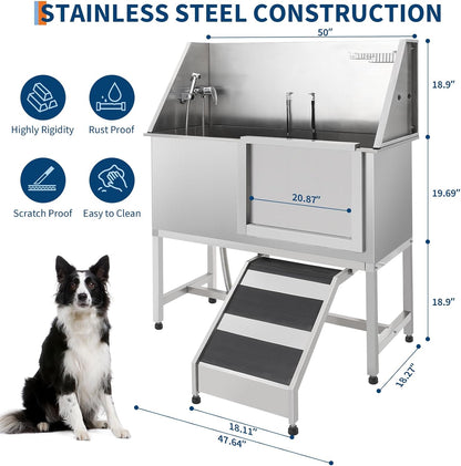 Stainless Steel Dog Washing Station - Dog Bath Tub for Large, Medium, Small Dogs, Pet Grooming Tub with Ramp, Non-Slip Grate, Shower, Soap Box, Faucet, Drain for Home & Outdoor （Right RAMP, 50"）