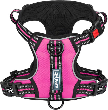 PoyPet No Pull Dog Harness, No Choke Front Clip Reflective Dog Vest with Soft Padded Vertical Handle, 3 Leash Attachments for Small Medium Large Dogs (Pink,L)