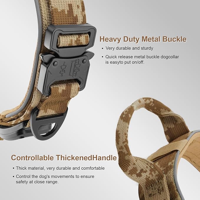 2026 Upgrade Dog Collar with IPX8 Waterproof AirTag Holder,Military Tactical Handle and Ultra-Durable Metal Buckle/Night Reflective,GPS Collar for Medium to Large Dogs (Camouflage Khaki/M)