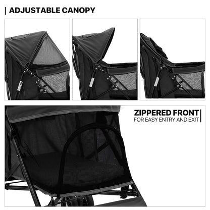 MoNiBloom 4 Wheels Pet Stroller, Easy-Fold Puppy Cage Jogger Stroller with Sun Cover, Pad and Rear Storage Bag, Breathable and Visible Mesh for Small/Medium Pets up to 22 lbs, Black - Pawvie