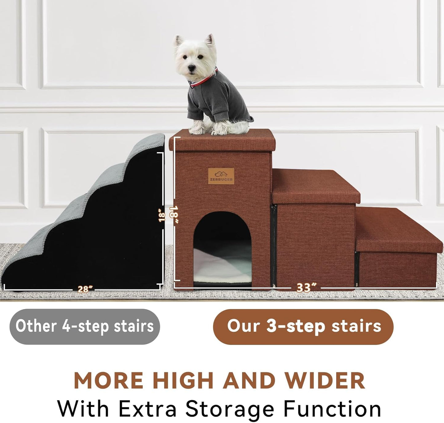 Dog Stairs with Condo 18" H, 3-Step Wider Dog Steps for High Beds Couch, Folding Storage Pet Stairs Gift for Small/Medium/Large Old Dogs Cats, Ramp for Climbing Car Up to 200 lbs, Brown