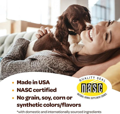 Skin and Coat Supplement for Dogs | Nourishing Omega 3 for Dogs with EPA DHA Krill Oil and Vitamin E | Dog Skin and Coat Supplement | 1 Chew up to 75lbs | NASC Certified & Made in The USA | 60 Chews