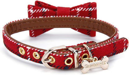 Puppy Collars for Small Dogs - StrawberryEC Adjustable Puppy Id Buckle Collar Leather. Cute Plaid Bandana Dog Collar (Bow-Red Grid)