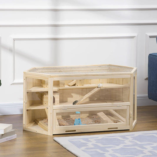 PawHut Wooden Large Hamster Cage Small Animal Exercise Play House 3 Tier with Tray, Seesaws, Water Bottle, Activity Center, Natural