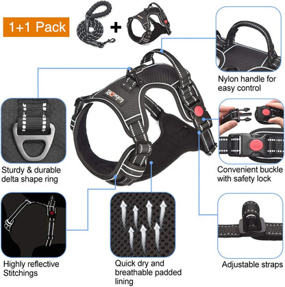 No Pull Dog Harness Adjustable Reflective Oxford Easy Control Medium Large Dog Harness with A Free Heavy Duty 5ft Dog Leash (XL (Neck: 21.5"-33", Chest: 30"-39.5"), Black Harness+Leash)