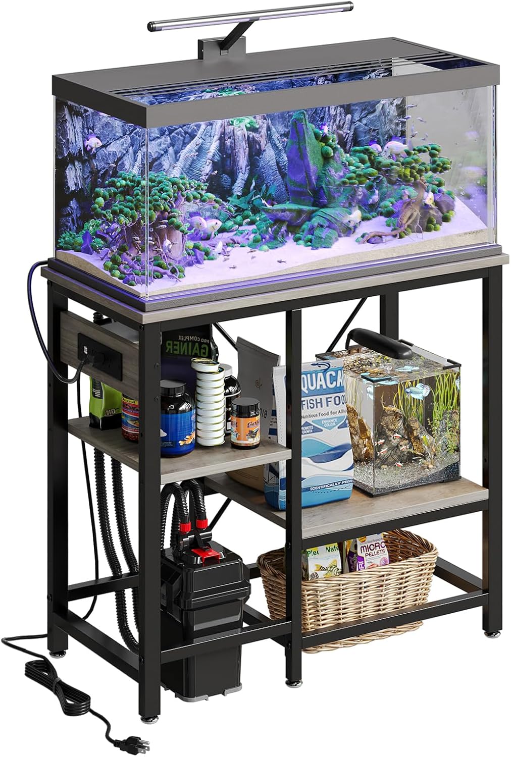 20-29 Gallon Fish Tank Stand with Power Outlets, 30.7 x 13.8 Metal Aquarium Stand with 3-Tiers Adjustable Storage Shelves, 6-Legs Reptile Terrarium Stand, 400 LBs