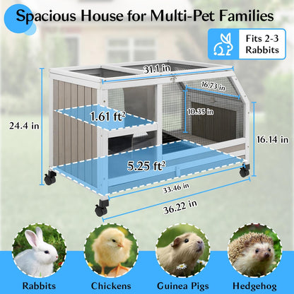 36''L Rabbit Hutch Outdoor with Casters and Run, Wooden Indoor 2 Story Guinea Pig Cage with Divider Panel, Pull Out Tray, Rabbit Duck Bunny House for Small to Medium Animals and Pet Lover, Gray