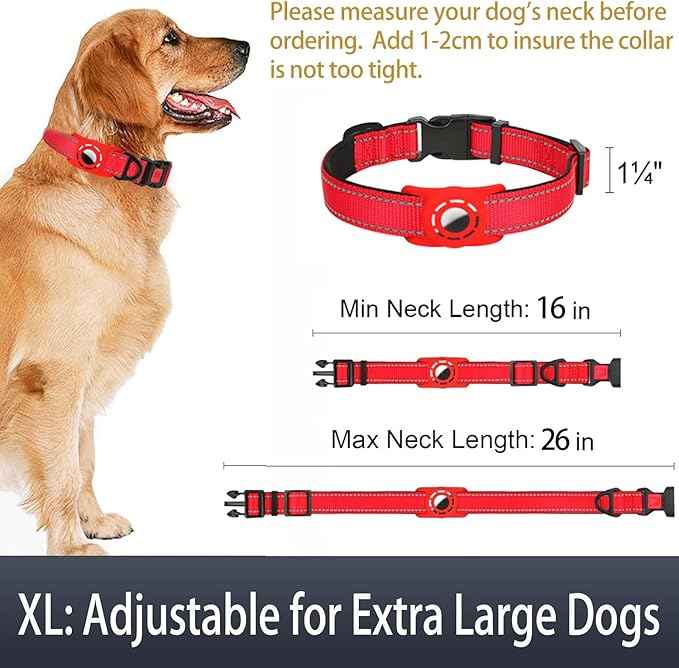 AirTag Dog Collar with AirTag Holder Compatible for Air Tag, Reflective Soft Padded, Safety Locking Buckle, Adjustable Nylon for Small Medium Large Dogs (Red,XL)