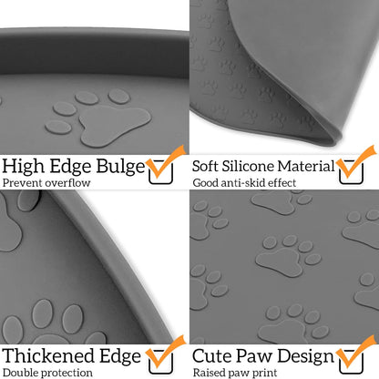 KPWACD Pet Feeding Mat for Dogs and Cats, Silicone Dog Placemat Non-Slip Waterproof Bowl Mats Prevent Food and Water Overflow, High-Lips Puppy Dish Tray Mat Suitable for Large Medium Small Pets, Grey