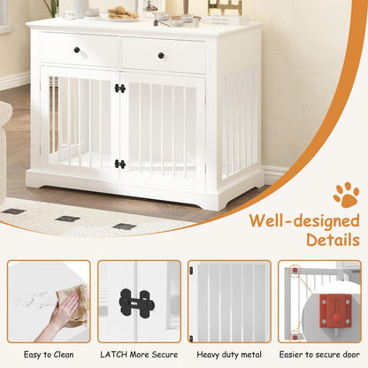 Dog Crate Furniture, 44 Inch Wooden Dog Kennel Indoor with 2 Storage Drawers, Heavy Duty Large Crate Furniture, Decorative End Table Cage Furniture for Small/Medium/Large (White)