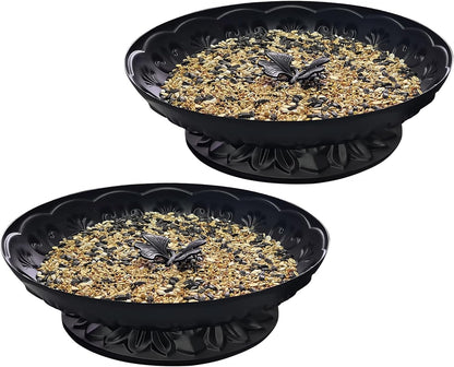 Ground Platform Bird Feeder Tray,11” Metal Large Standing Bird Feeder Mesh Seed Tray，for Outdoor Garden (Black-2 Pack)