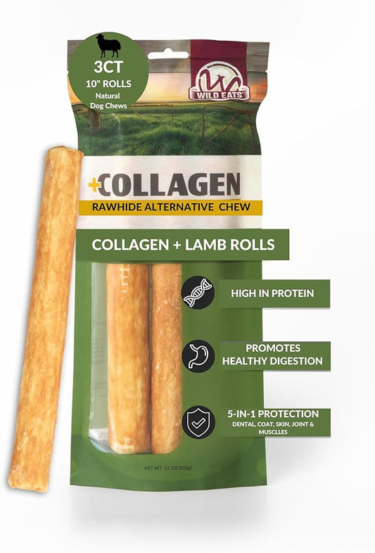 Wild Eats Lamb Flavor Collagen Retriever Style Cheek Rolls 10" Dog Chews-3 Pack (Long Lasting Dog Chews Treats & Bones for Medium Dogs) Substitute for Pig Ears for Dogs