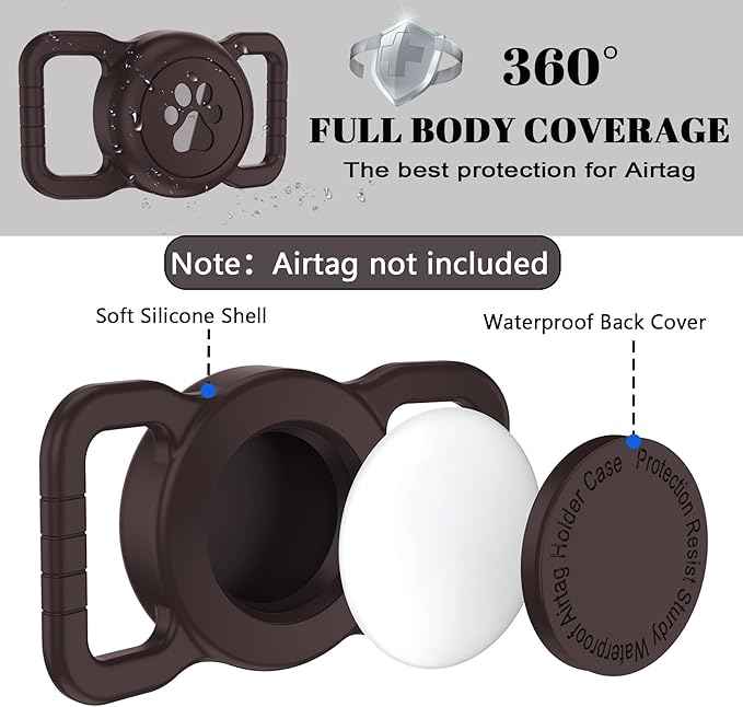 SANKALA Airtag Dog Collar Holder, [1 Pack] Waterproof Dog Airtag Holder, Silicone Full Body Covered Anti-Lost Protective Apple Air Tag Holder for Pet Collar - Fits All Width Collars, Coffee