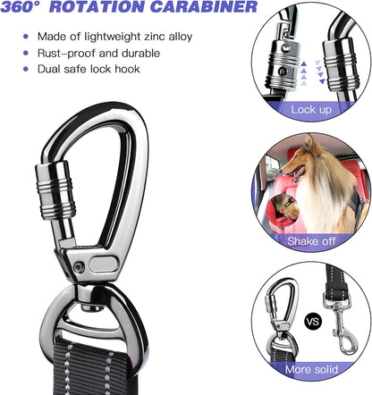 AUBELL Dog Seat Belt for Car,2 Pack Set 3-in-1 Adjustable Reflective Bungee Heavy Duty Dog Car Harness Tether with Clip Hook Latch & Buckle,Swivel Zinc Alloy Carabiner,Black+Black