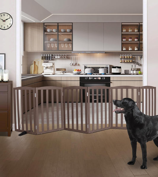 ZJSF Foldable Freestanding Indoor Dog Gate for House Wood Long Pet Gates Dog Fence for Stairs Puppy Gates for Hallways, Puppy Gate,Support Feet Included, Brown, 32 "Height-6 Panels