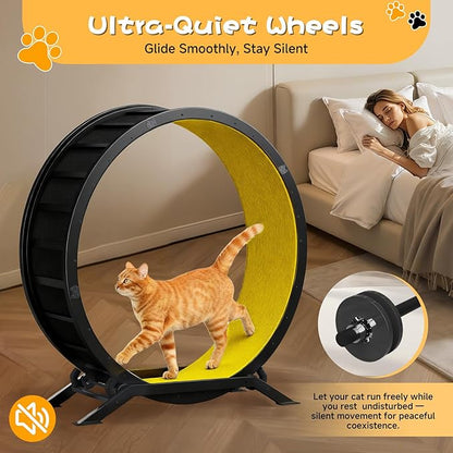 GTPLAYER Cat Wheels, Large Cat Exercise Wheel for Indoor Cats, 40"Diameter cat treadmill Detachable Carpet & Teaser, stickers, Ultra-quiet scroll wheel With latch, Suitable for Most Cats Metal, Yellow