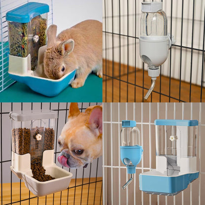 Automatic Pet Food Water Dispenser, Auto Gravity Pet Feeder Water Bottle Set for Crate Cage, Feeding Station for Small Dog Cat Rabbit Guinea Pigs Chinchilla Ferret Hedgehog (Blue)