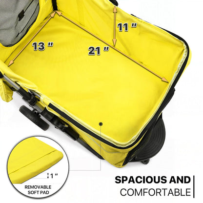 MoNiBloom Foldable Pet Stroller with Waterproof Cover, 3-Wheels Dog Strolling Cart for Small/Medium Dogs and Cats with Storage Basket and Cup Holder, Breathable and Visible Mesh for All-Season, Yellow - Pawvie