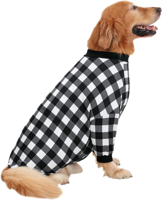 HDE Dog Pajamas One Piece Jammies Jumpsuit Pet Clothes Outfit Stretchy Lightweight Comfy Shirt Pjs for M-3XL Dogs Black & White Buffalo Plaid - L