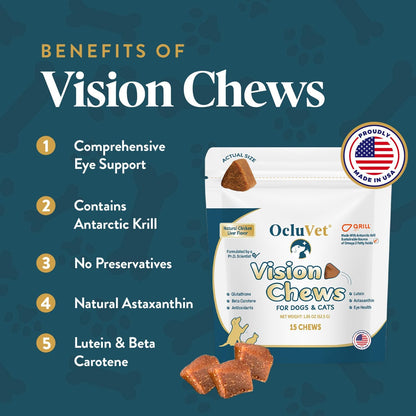 Bundle Eye Supplements for Dogs & Cats | Vision Chews with Omega-3 for All Ages - Includes 15 Chicken Liver Flavored Chews & Pet Eye Drops, 16 mL | Antioxidants & 2% NAC for Cataracts