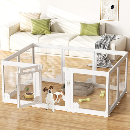 Acrylic Clear Dog Play Pen Indoors, Puppy Playpen with Door for Small Dogs Puppies, Transparent Plastic Pet Playpen Cage Fence Crate Kennel for Cat Kitten Rabbit Bunny Ferret etc (White-10 Panels)