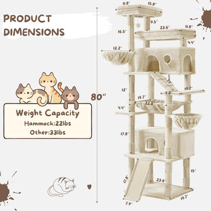 Cat Tree, 80-Inch Large Cat Tower with 9 Scratching Posts, 2 Perches, 2 Caves, 2 Basket, 2 Stairs, Extra Large Hammock, Pompoms, Multi-Level Plush Cat Condo for Indoor Cats/Beige