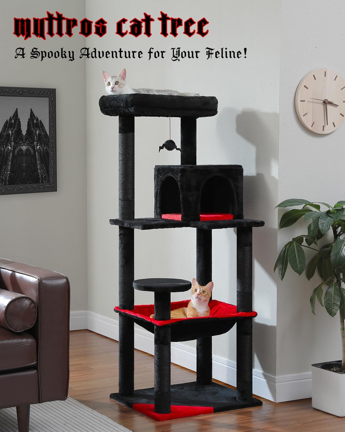 Gothic Cat Tree with Super Large Hammock, 56.3" Black Cat Tower with Coffin Bed, Cat Condo, Sisal Scratching Posts & Top Perch, Multi-Level Goth Cat Tree, Halloween, Black