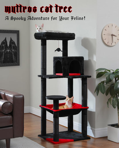 Gothic Cat Tree with Super Large Hammock, 56.3" Black Cat Tower with Coffin Bed, Cat Condo, Sisal Scratching Posts & Top Perch, Multi-Level Goth Cat Tree, Halloween, Black