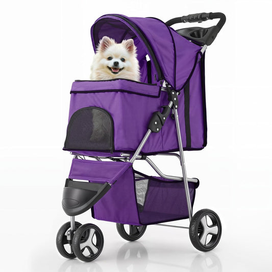MoNiBloom 3 Wheels Pet Dog Cat Stroller for Small Medium Dogs Cats, Lightweight Foldable Jogger Stroller w/Storage Basket and Cup Holder, Purple - Pawvie