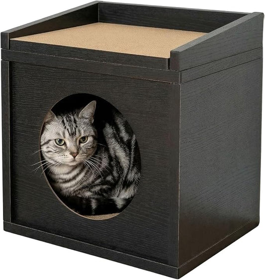 Meowdium Cat House – Cat Condo with Cardboard Scratcher, Scratching Post, Bed & Toy Storage, Cozy Cat Furniture & Accessories for Indoor Cats, Blackwood