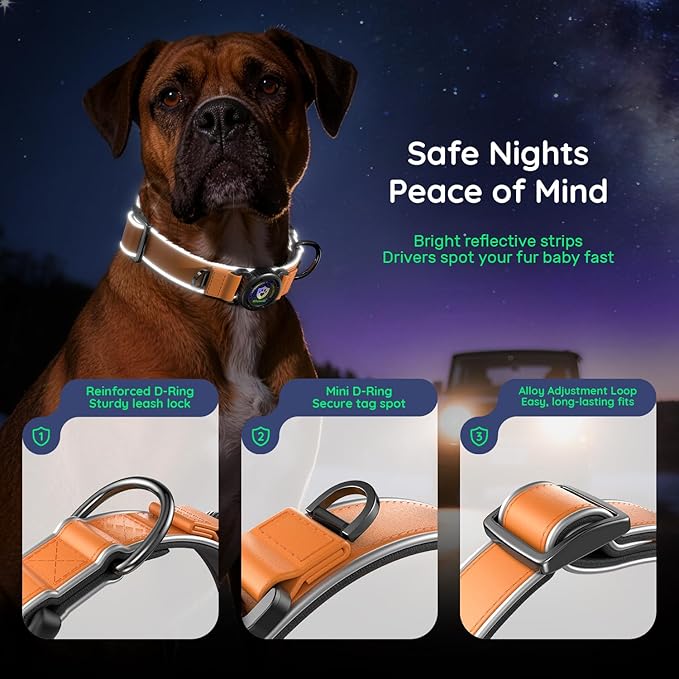WhoseID Premium Leather Dog Collar - AirTag Dog Collar | Fur-Safe Magnetic Buckle | IPX8 Waterproof Reflective Small Dog Collar with AirTag Holder