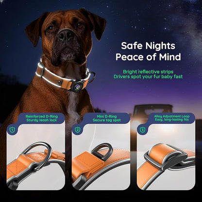 WhoseID Premium Leather Dog Collar for Large Dogs - IPX8 Waterproof AirTag Dog Collar | Magnetic Buckle Heavy Duty Collar | 450LB Escape-Proof | Reflective Dog Collar with AirTag Holder