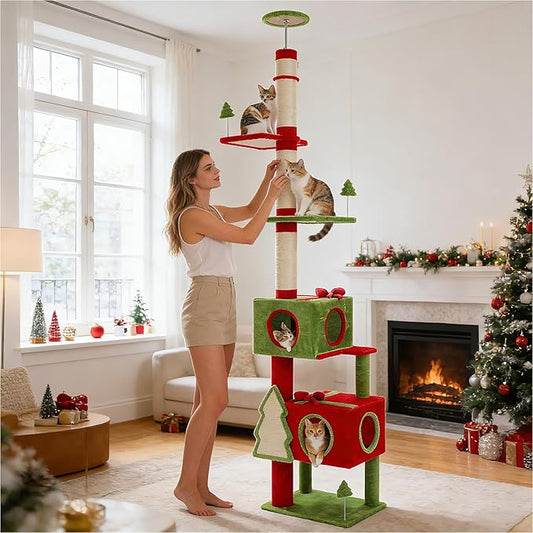 PEQULTI 90.9''-107.8'' Floor to Ceiling Cat Tree for Large Indoor Cats, Tall Christmas Cat Tower with 2 Spacious Condos, Bow Toy and Sisal-Covered Scratching Post & Pad Red/Green