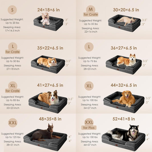 EHEYCIGA Orthopedic Dog Beds for Large Dogs, Waterproof Memory Foam Large Pet Bed with Sides, Non-Slip Bottom and Egg-Crate Foam Dog Couch Bed with Washable Removable Cover, Dark Grey