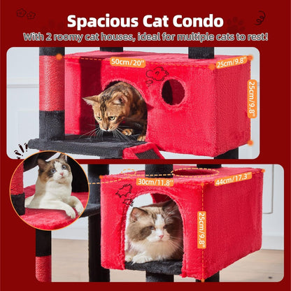Taoqimiao Gothic Cat Tree 71-Inch, Cat Tower for Indoor Cats Large Adult, Large Cat Condo, 8 Sisal Scratching Posts, Metal Frame Cozy Hammock, Scratch Board, 2 Perches, Black and Red MS026LBR