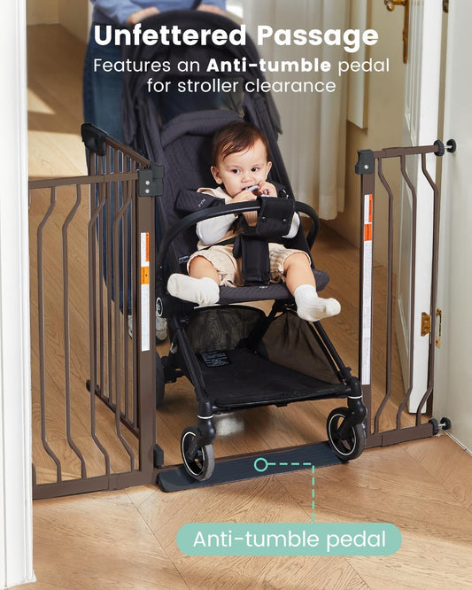 Mom's Choice-GROWNSY Baby Gate for Stairs, 29.5"-48.4" Pressure Mounted Baby Gate for Top of Stair&Doorway with V-Shaped Rods, Anti-Trip Pedal,Wide Stairs Dog Gate Easy Install w/Red Reminder,Brown