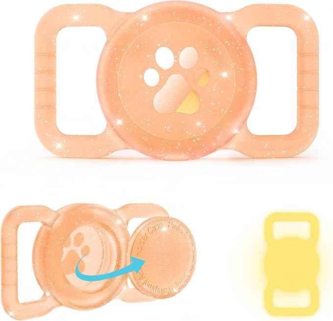 SANKALA Luminous Airtag Dog Collar Holder, [1 Pack] Glitter Waterproof Airtag Holder for Dog, Silicone Full Body Covered Anti-Lost Protective Airtag Case - Fits All Width Collars, Orange Glitter