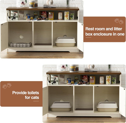 Cat Litter Box Enclosure for 2 Cats, 47" Double Hidden Litter Box Furniture with Scratch Pad, Farmhouse Indoor Litter Box Cabinet Cat Washroom, White