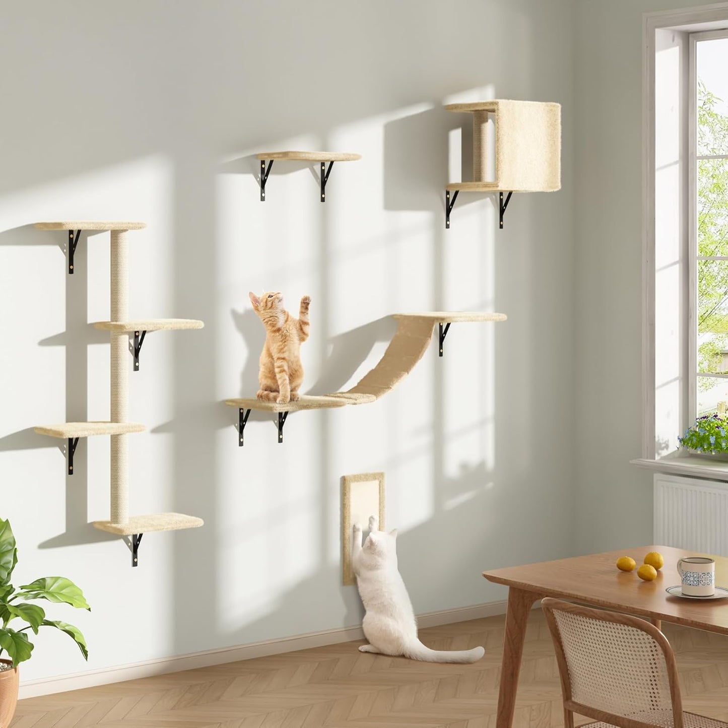 COZIWOW Wall Mounted Cat Furniture, Cat Wall Shelves and Perches, Floating Cat Shelves for Wall Set of 5(Beige)