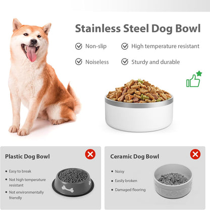 Stainless Steel Dog Bowl, Metal Water and Food Dish for Large Dogs, Insulated Non-Slip Pet Bowl, Easy Clean, 40oz, White