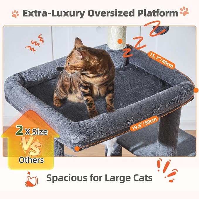 Taoqimiao Cat Tree for Indoor Cats, 55.1In Sturdy Cat Tower, Large Platform, Rotatable Round Condo with Large Scratch Board, Extended Cat House, Thickened Full-Sisal Scratching Post, Smoky Gray, F10G